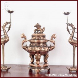 Bộ tam sự hạc đỉnh chạm sòi đồng đỏ cạo màu tinh xảo