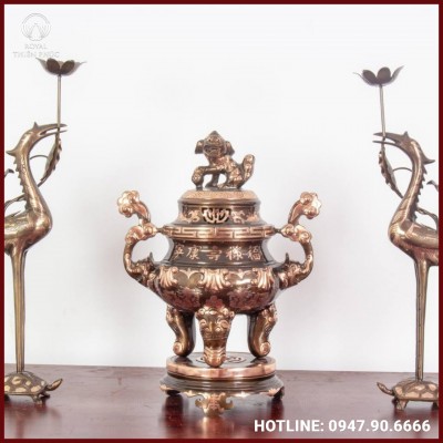 Bộ tam sự hạc đỉnh chạm sòi đồng đỏ cạo màu tinh xảo