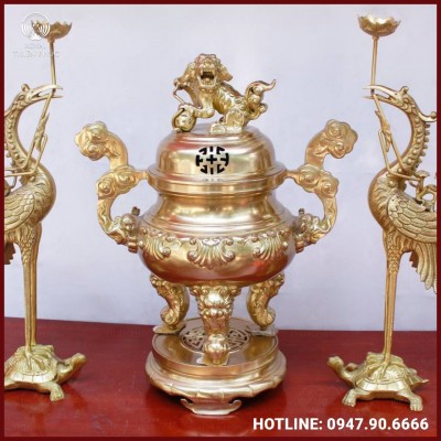 Bộ tam sự hạc bằng đồng vàng thờ cúng cao cấp 