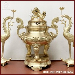 Bộ tam sự hạc đỉnh chạm sòi đồng catut 