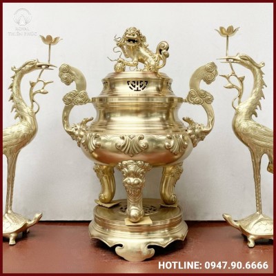 Bộ tam sự hạc đỉnh chạm sòi đồng catut 