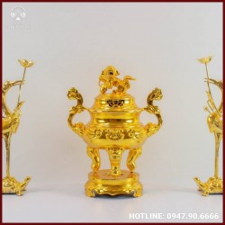 Bộ tam sự hạc đỉnh thờ chạm sòi dát vàng 9999 cao cấp