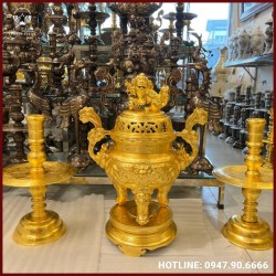 Bộ tam sự nến chạm song long chầu nguyệt dát vàng 