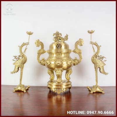 Bộ tam sự hạc chạm sòi bằng đồng vàng mộc