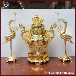 Bộ tam sự hạc thờ cúng chạm sòi mạ vàng cao cấp