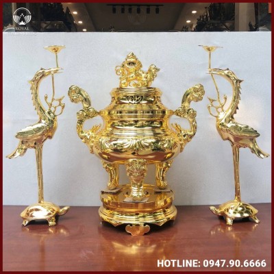 Bộ tam sự hạc thờ cúng chạm sòi mạ vàng cao cấp