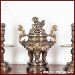 Tam sự nến thờ cúng đồng đỏ khảm tam khí cao cấp