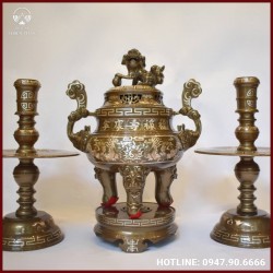 Bộ tam sự nến song long đồng đỏ khảm tam khí cao cấp 