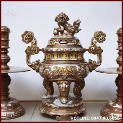 Tam sự nến song long đồng đỏ khảm tam khí tinh xảo 