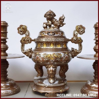 Tam sự nến song long đồng đỏ khảm tam khí tinh xảo 