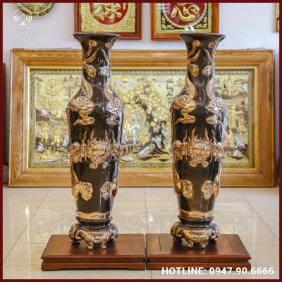 Lọ lộc bình song long chầu nguyệt đồng đỏ cạo màu 1m6