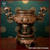 Lư hương song long chầu nguyệt đồng đỏ cạo màu