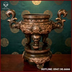Lư hương song long chầu nguyệt đồng đỏ cạo màu