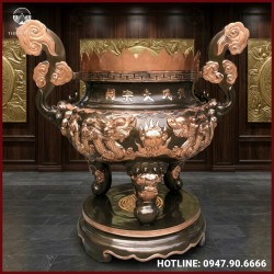 Lư hương song long chầu nguyệt đồng đỏ cạo màu cao cấp
