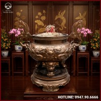 Lư hương song long chầu nguyệt đồng đỏ làm màu cổ kính