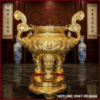 Lư hương song long chầu nguyệt đồng đỏ mạ vàng