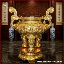 Lư hương song long chầu nguyệt đồng đỏ mạ vàng