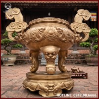 Lư hương song long chầu nguyệt đồng đỏ làm màu