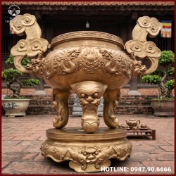 Lư hương song long chầu nguyệt đồng đỏ làm màu