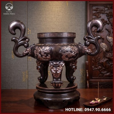 Lư hương tứ quý đồng đỏ cạo màu