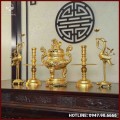 Bộ ngũ sự song long chầu nguyệt đồng đỏ dát vàng cao 60cm