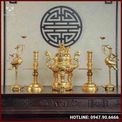 Bộ ngũ sự song long chầu nguyệt đồng đỏ dát vàng cao 60cm