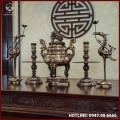 Bộ ngũ sự song long đồng đỏ khảm tam khí dát điểm vàng 60cm