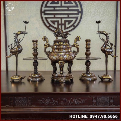 Bộ ngũ sự song long đồng đỏ khảm tam khí dát điểm vàng 60cm