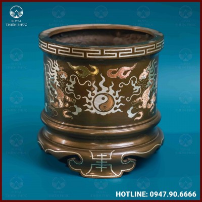 Bát hương rồng đồng khảm tam khí kích thước 16cm