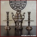 Bộ tam sự nến đồng đỏ khảm tam khí kỹ chạm sòi 60cm