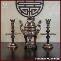 Bộ tam sự nến đồng đỏ khảm tam khí kỹ chạm sòi 60cm