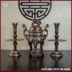 Bộ tam sự nến đồng đỏ khảm tam khí kỹ chạm sòi 60cm