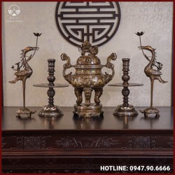 Bộ ngũ sự đồng đỏ khảm tam khí thường dát điểm vàng 60cm