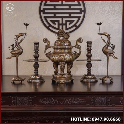 Bộ ngũ sự đồng đỏ khảm tam khí thường dát điểm vàng 60cm