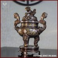 Đỉnh đồng đỏ khảm ngũ sắc song long chầu nguyệt 40cm