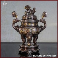 Đỉnh đồng đỏ khảm ngũ sắc song long chầu nguyệt 40cm