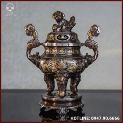 Đỉnh đồng đỏ khảm ngũ sắc song long chầu nguyệt 40cm
