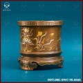  Bát hương hoa sen đồng khảm tam khí dát điểm vàng 18cm