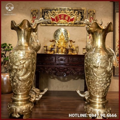 Đôi lọ lộc bình rồng phượng bằng đồng catut cao 1m5