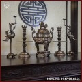 Bộ ngũ sự đồng đỏ khảm tam khí kỹ chạm sòi cao 60cm