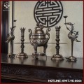 Bộ ngũ sự đồng đỏ khảm tam khí kỹ chạm sòi cao 60cm