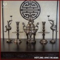 Bộ ngũ sự đồng đỏ khảm tam khí kỹ chạm sòi cao 60cm