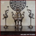 Bộ tam sự hạc đồng đỏ khảm tam khí kỹ chạm sòi 60cm