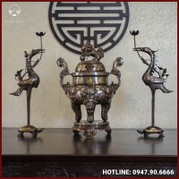 Bộ tam sự hạc đồng đỏ khảm tam khí kỹ chạm sòi 60cm