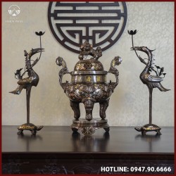 Bộ tam sự hạc đồng đỏ khảm tam khí kỹ chạm sòi 60cm