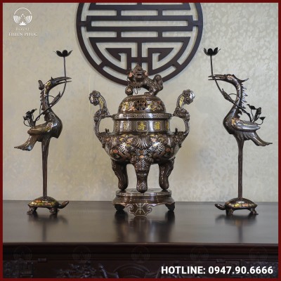 Bộ tam sự hạc đồng đỏ khảm tam khí kỹ chạm sòi 60cm