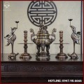 Bộ ngũ sự đồng đỏ khảm ngũ sắc song long chầu nguyệt cao 50cm 