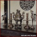 Bộ ngũ sự đồng đỏ khảm ngũ sắc song long chầu nguyệt cao 50cm 