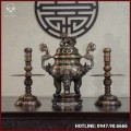 Bộ tam sự nến đồng đỏ khảm ngũ sắc song long chầu nguyệt cao 50cm