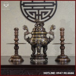 Bộ tam sự nến đồng đỏ khảm ngũ sắc song long chầu nguyệt cao 50cm
